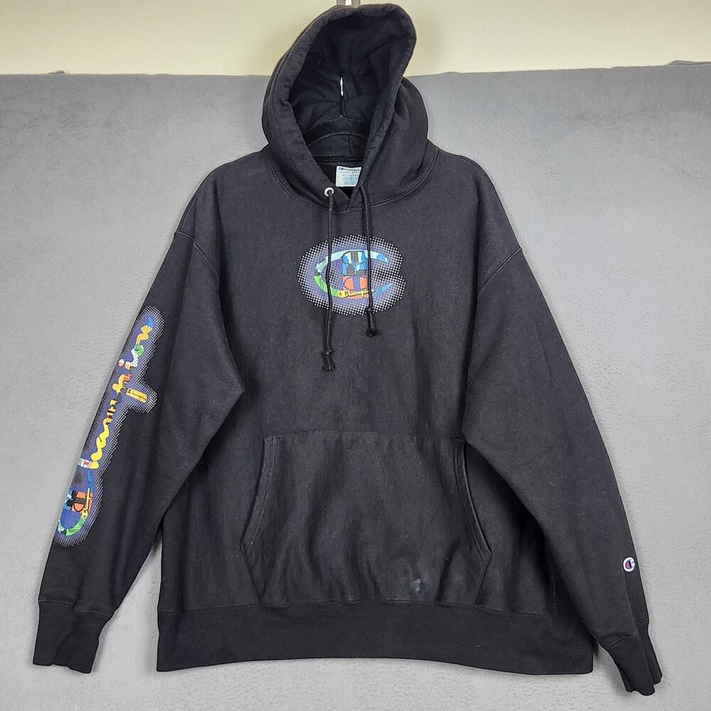 Champion Reverse Weave Hoodie Mens 2XL Black Pullover Graphic Sleeve Logo Print